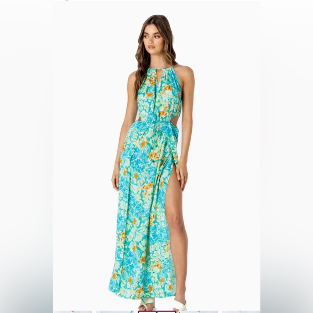 Lé Salty Label Bianca Maxi Dress Cutaway Teal Tropical Floral Green Blue SZ M - Picture 5 of 10